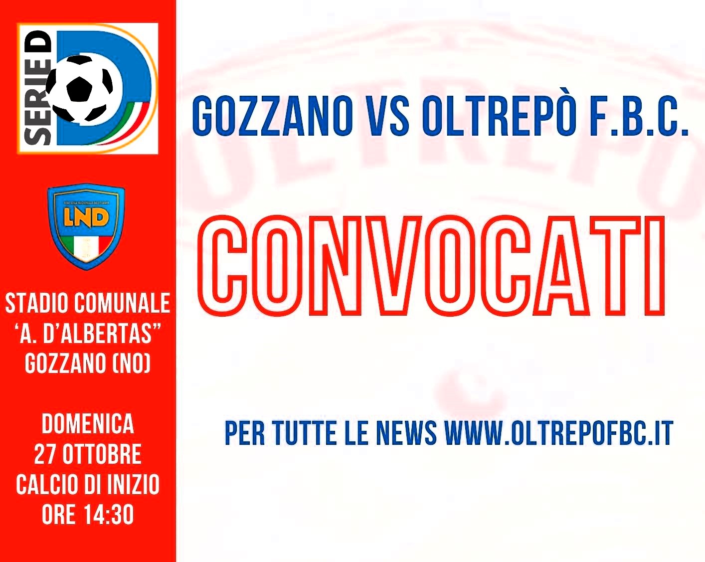 SERIE D | I convocati per Gozzano - OLTREPO' FBC