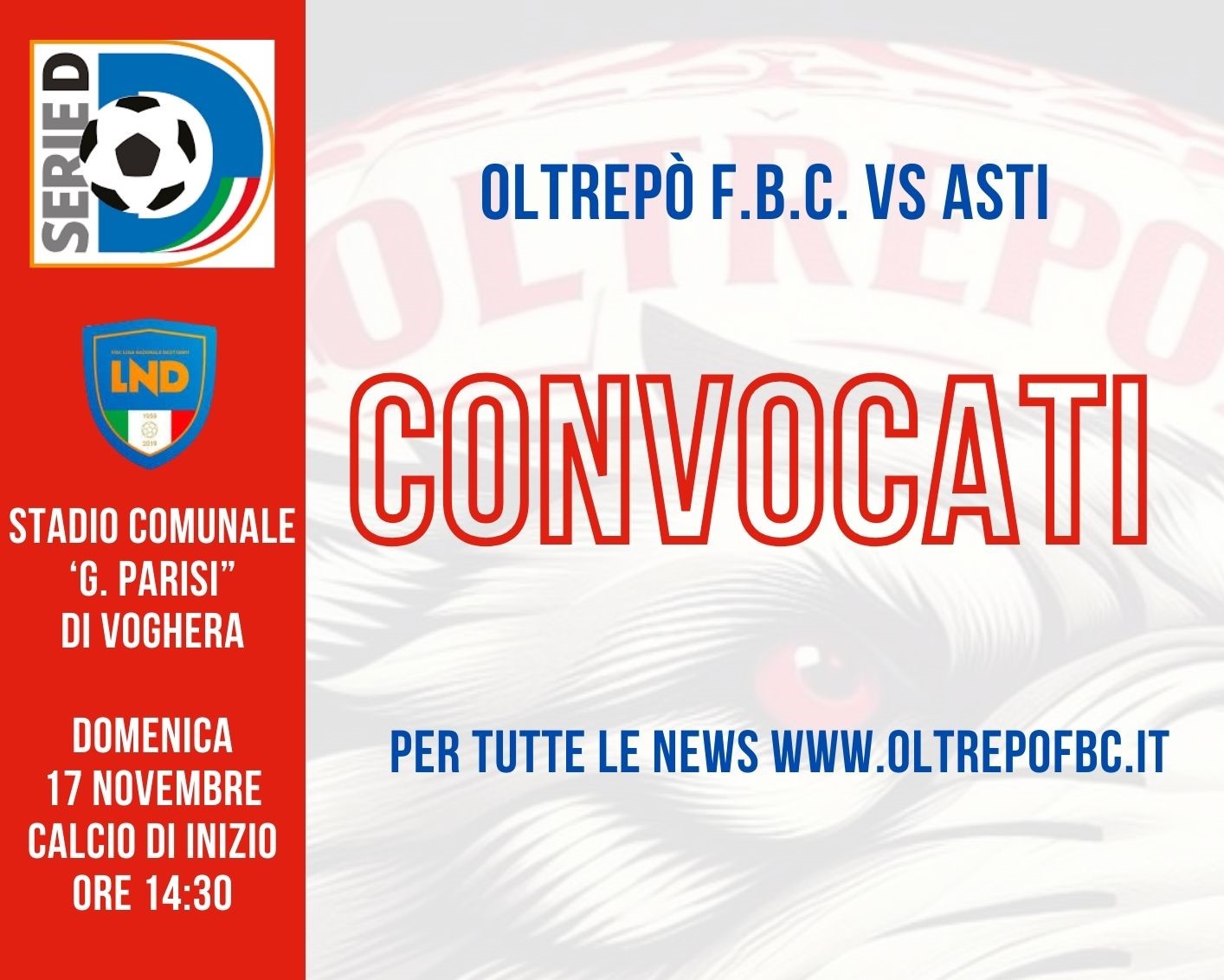 SERIE D | I convocati per OLTREPO' FBC - Asti