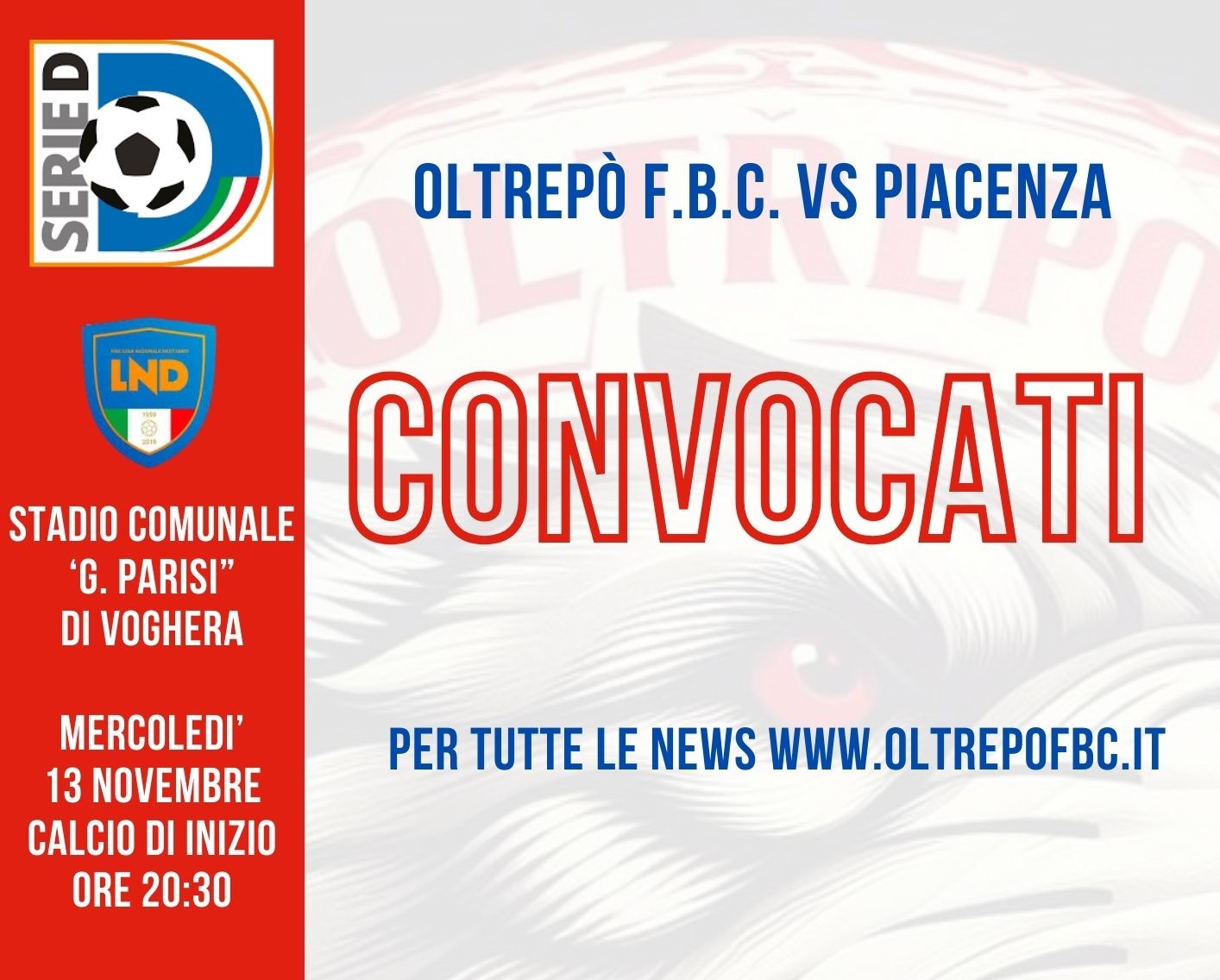 COPPA ITALIA | I convocati per OLTREPO' FBC - Piacenza Calcio 1919